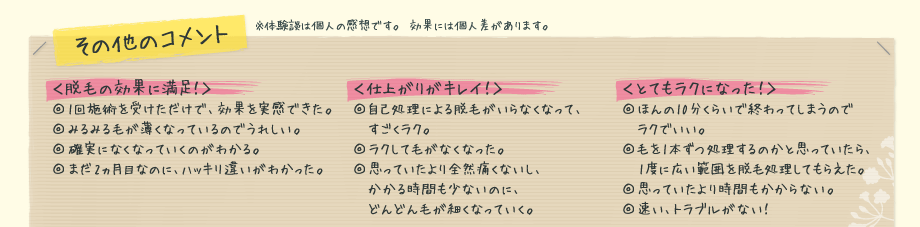 その他のコメント<脱毛の効果に満足!><仕上がりがキレイ!><とてもラクになった>