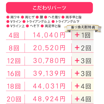 「こだわりパーツ」両ワキ、両ヒザ、腰、へそ周り、両手甲と指、Vライン、トライアングル上、トライアングル下、Vライン上、へそ下、両足甲と指