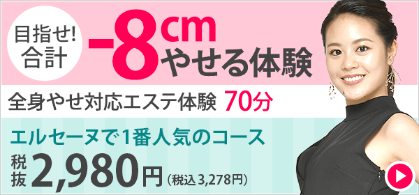 目指せ！合計-8cmやせる体験　全身やせ対応のエステ体験　70分　1,000円（税込）