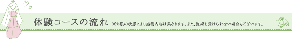 体験コースの流れ　※お肌の状態により施術内容は異なります。また、施術を受けられない場合もございます。