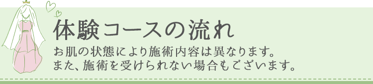 体験コースの流れ　※お肌の状態により施術内容は異なります。また、施術を受けられない場合もございます。