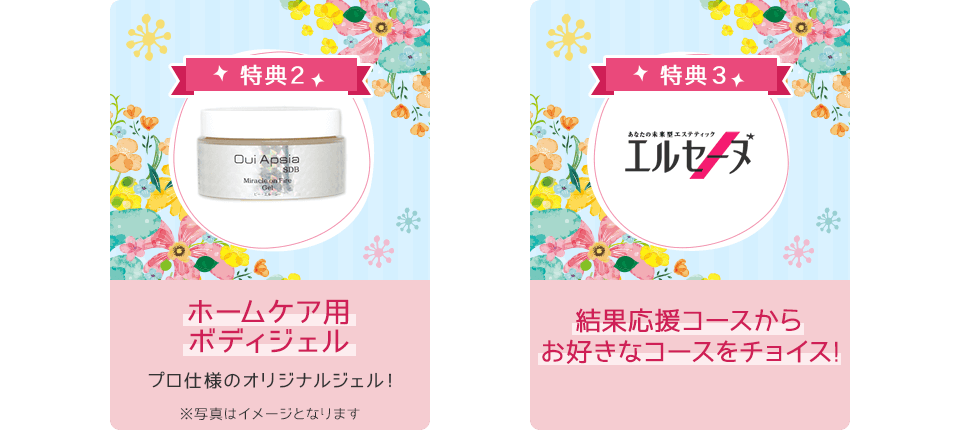 特典2 ホームケア用ボディジェル、特典3 結果応援コースからお好きなコースをチョイス!