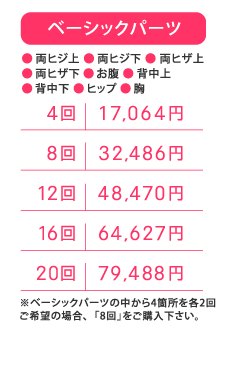 「ベーシックパーツ」両ヒジ上、両ヒジ下、両ヒザ上、両ヒザ下、お腹、背中上、背中下、ヒップ、胸