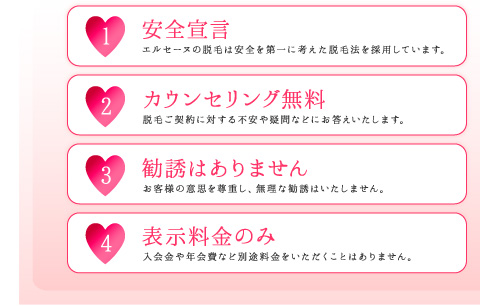 1.安全宣言/2.カウンセリング無料/3.勧誘はありません/4.表示料金のみ