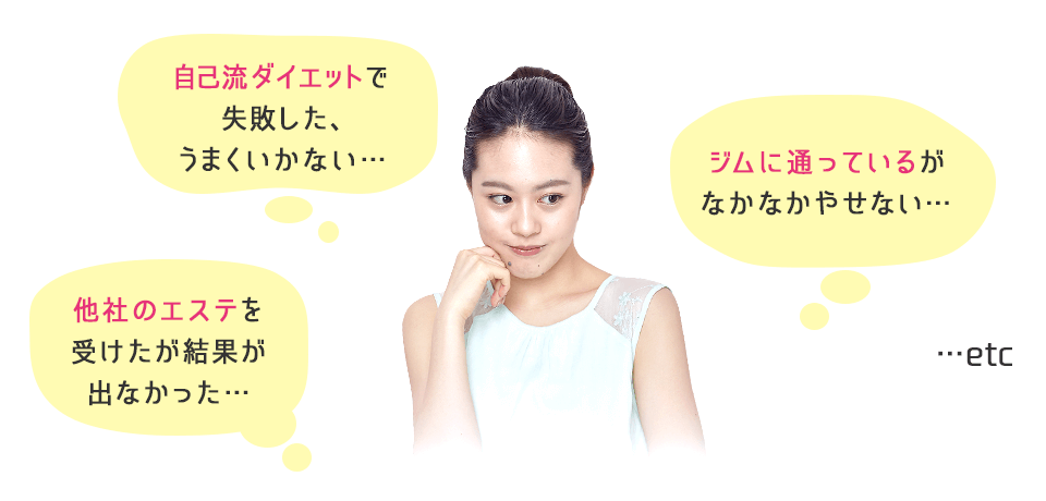 自己流ダイエットで失敗した、うまくいかない…/他社のエステを受けたが結果が出なかった…/ジムに通っているがなかなかやせない…