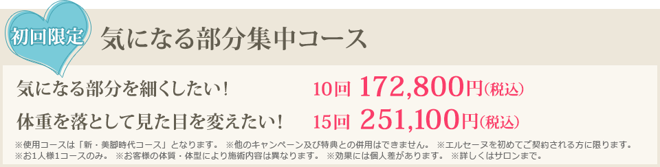 【初回限定】気になる部分集中コース 気になる部分を細くしたい! 10回 172,800円(税込)/体重を落として見た目を変えたい! 15回 251,100円(税込)