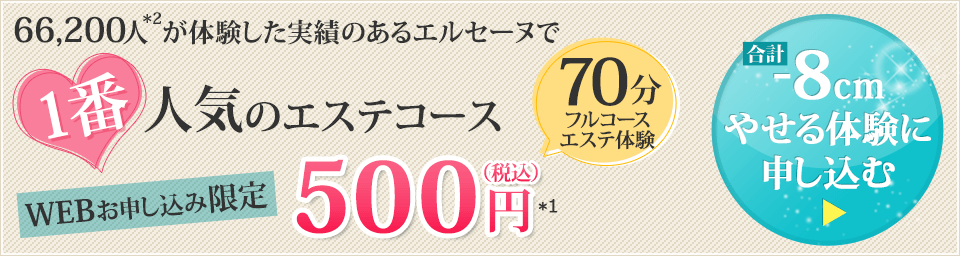 66,200人が体験した実績のあるエルセーヌで一番人気のエステコース　WEBお申し込み限定70分フルコースエステ体験　500円（税込）　合計-8cmやせる体験に申し込む