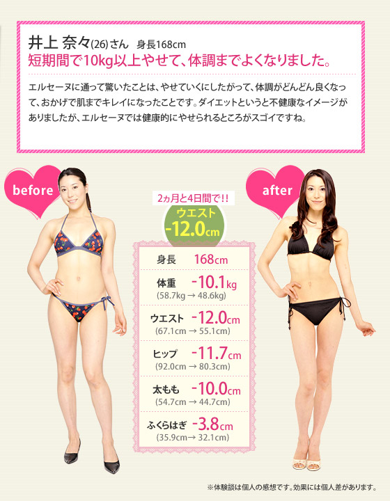 「短期間で10kg以上やせて、体調までよくなりました。」エルセーヌに通って驚いたことは、やせていくにしたがって、体調がどんどん良くなって、おかげで肌までキレイになったことです。ダイエットというと不健康なイメージがありましたが、エルセーヌでは健康的にやせられるところがスゴイですね。
