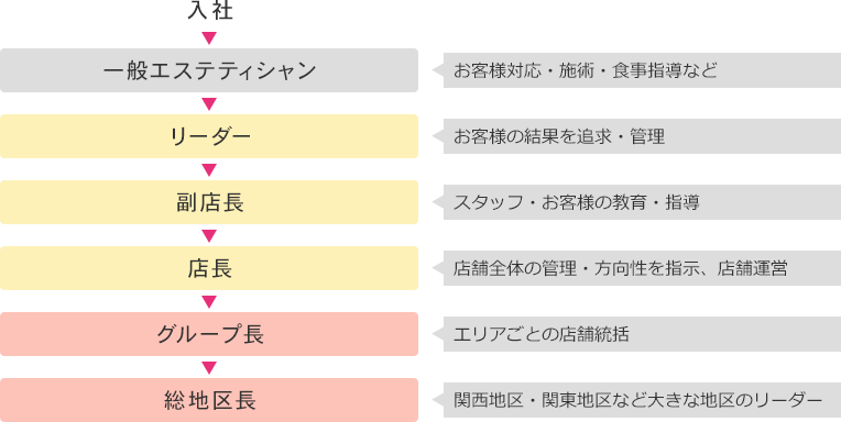 入社→一般エステティシャン→リーダー→副店長→店長→グループ長→総地区長