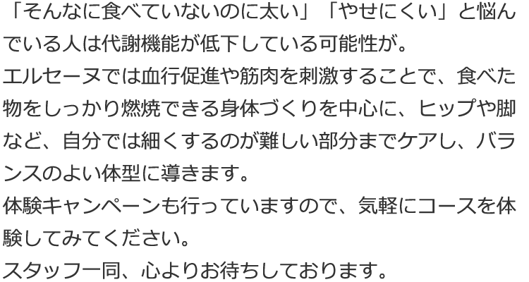 「そんなに食べていないのに太い」「やせにくい」と悩んでいる人は代謝機能が低下している可能性が。エルセーヌでは血行促進や筋肉を刺激することで、食べた物をしっかり燃焼できる身体づくりを中心に、ヒップや脚など、自分では細くするのが難しい部分までケアし、バランスのよい体型に導きます。体験キャンペーンも行っていますので、気軽にコースを体験してみてください。スタッフ一同、心よりお待ちしております。